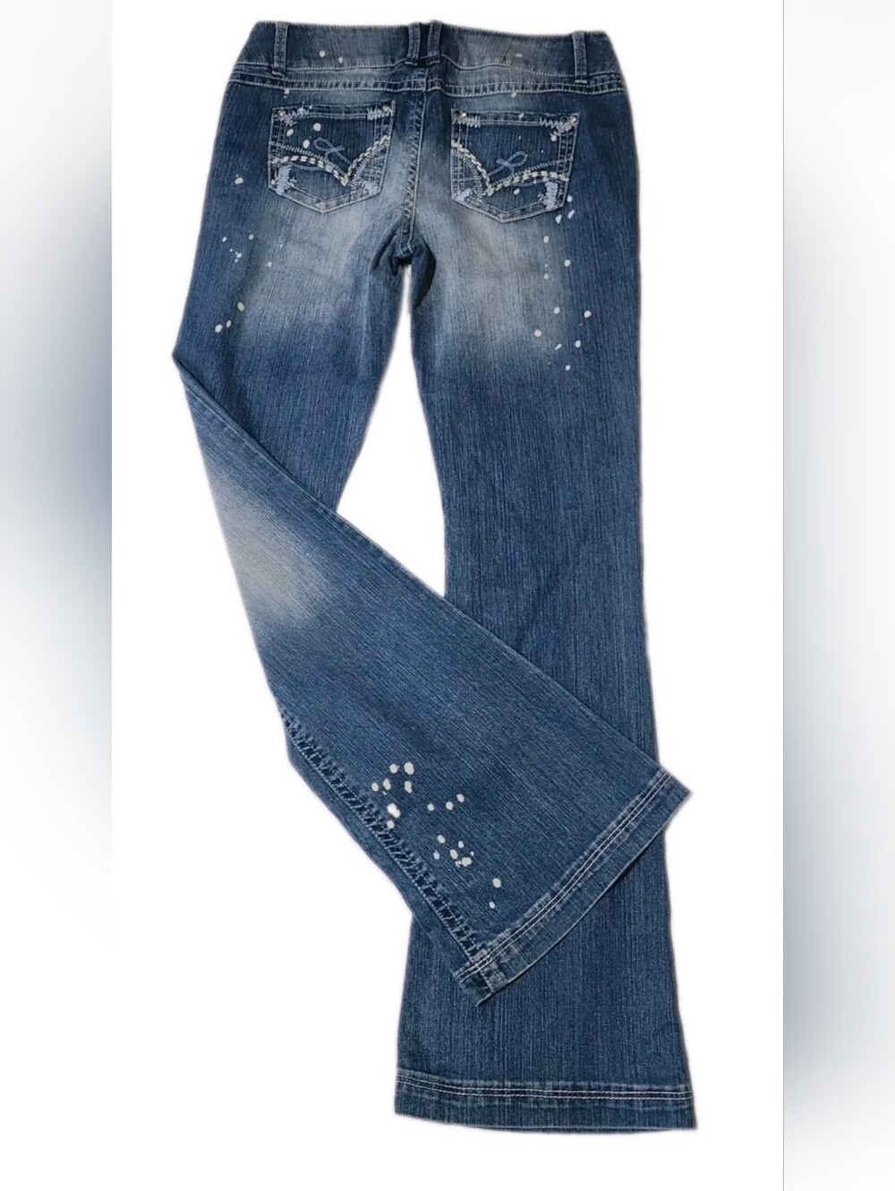 Splatter Jeans Juniors Size 7 SO 32 ×32 Low Rise Bling EUC Boot Cut Flare Paint